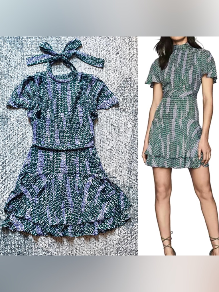 Reiss $315 “Natalie” Geo Printed Mini Dress Tiered Flounce Tie Back Mock Neck